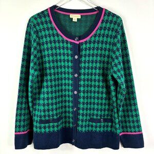 Appleseed's sweater womens cardigan L houndstooth green blue preppy country club
